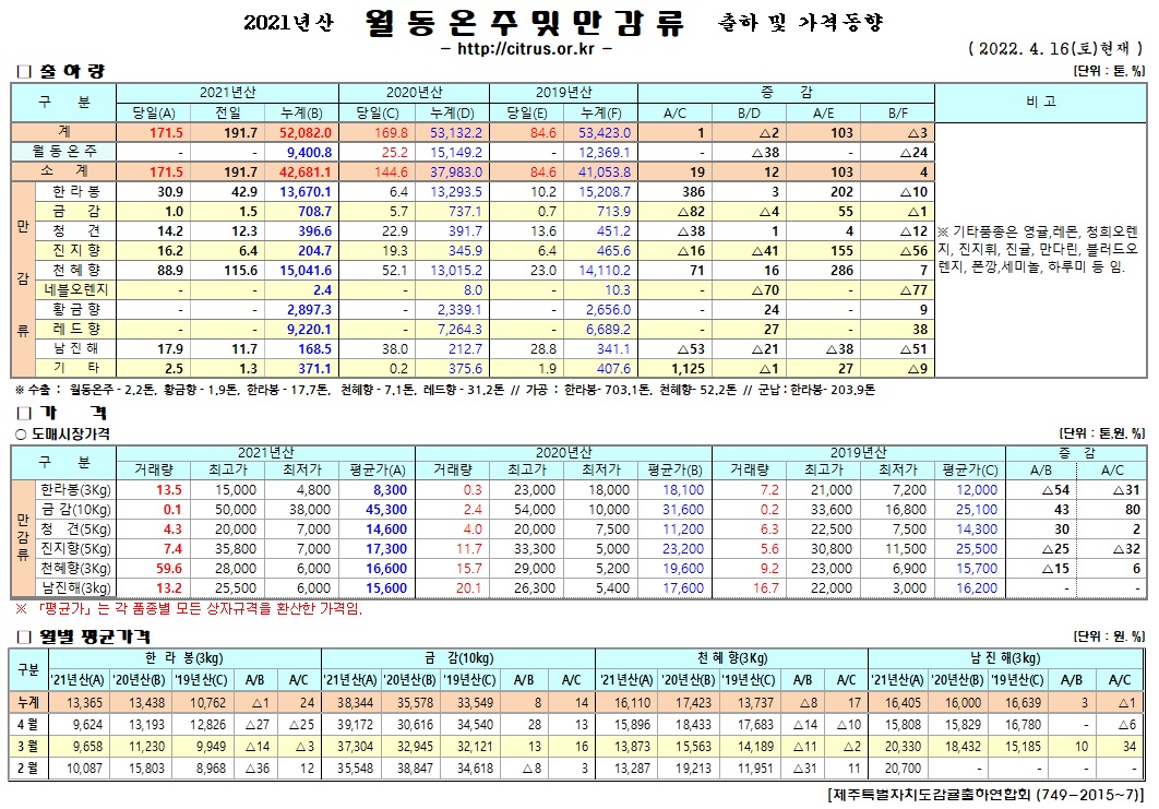 [월동&만감]2021년산 출하 및 가격동향(4/16)