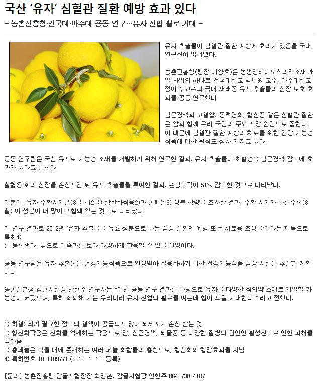 국산 '유자' 심혈관 질환 예방 효과 있다
