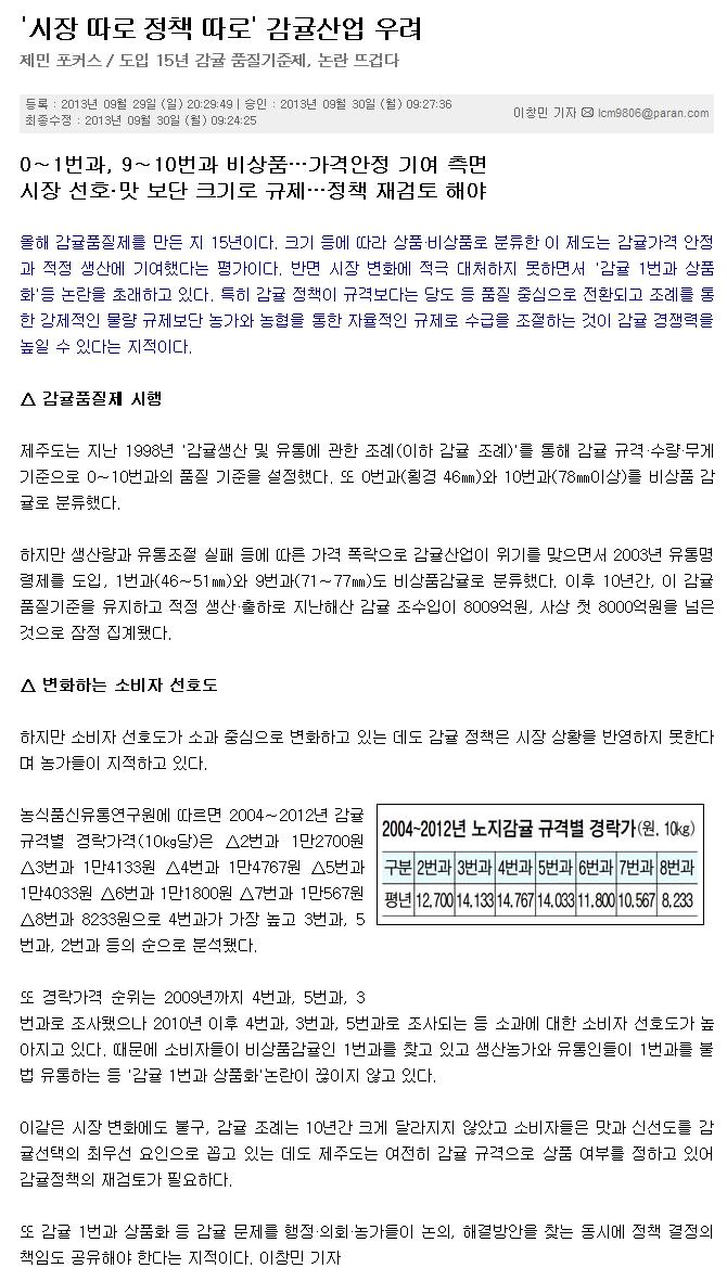 '시장 따로 정책 따로'감귤산업 우려