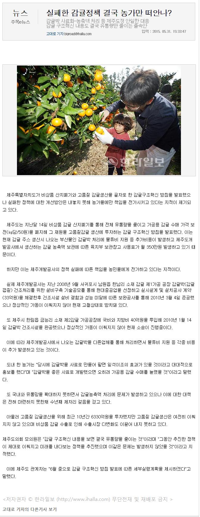 실패한 감귤정책 결국 농가만 떠안나