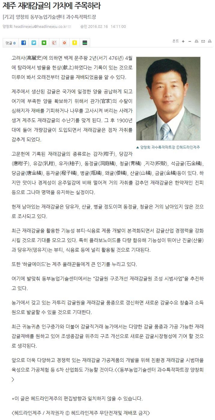 제주 재래감귤의 가치에 주목하라