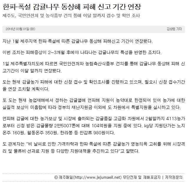 한파,폭설 감귤나무 동상해 피해 신고 기간 연장