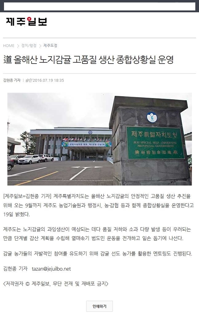 도 올해산 노지감귤 고품질 생산 종합상황실 운영