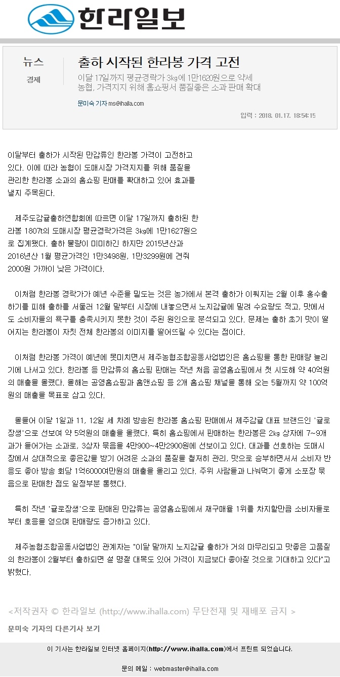 출하 시작된 한라봉 가격 고전