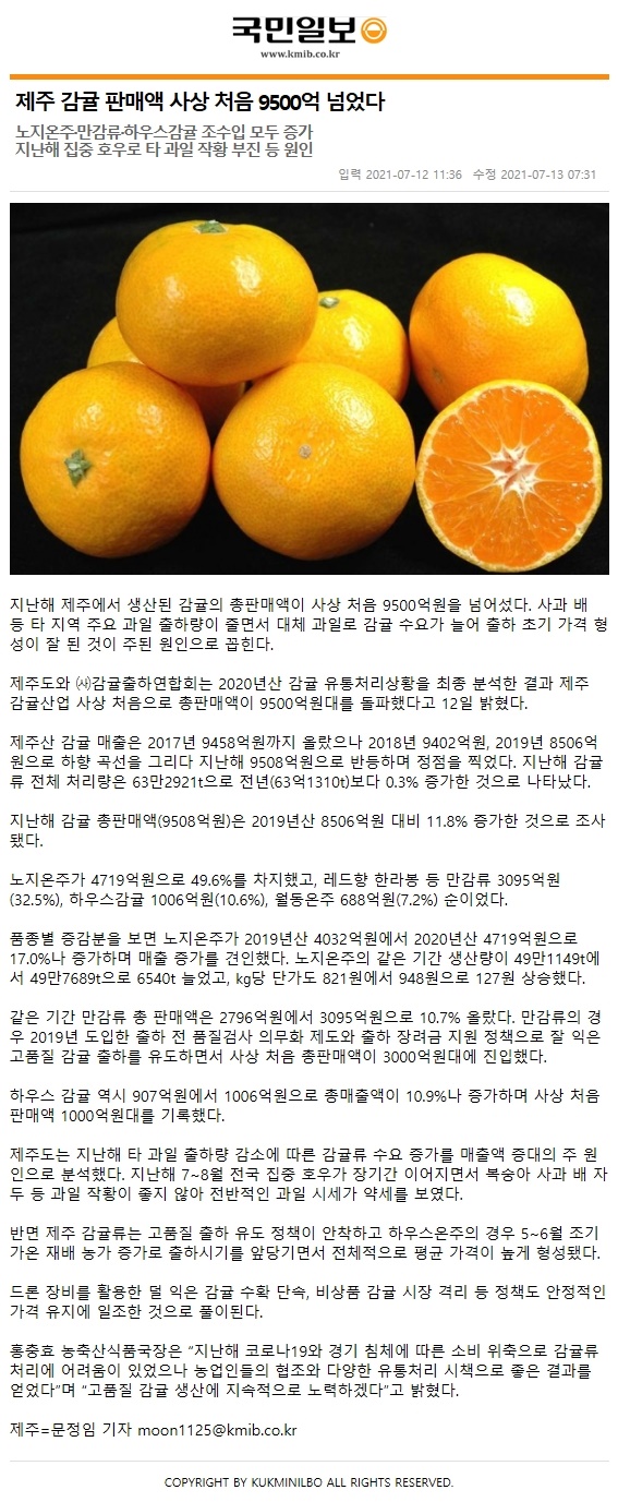 제주감귤 판매액 사상 처음 9500억 넘어