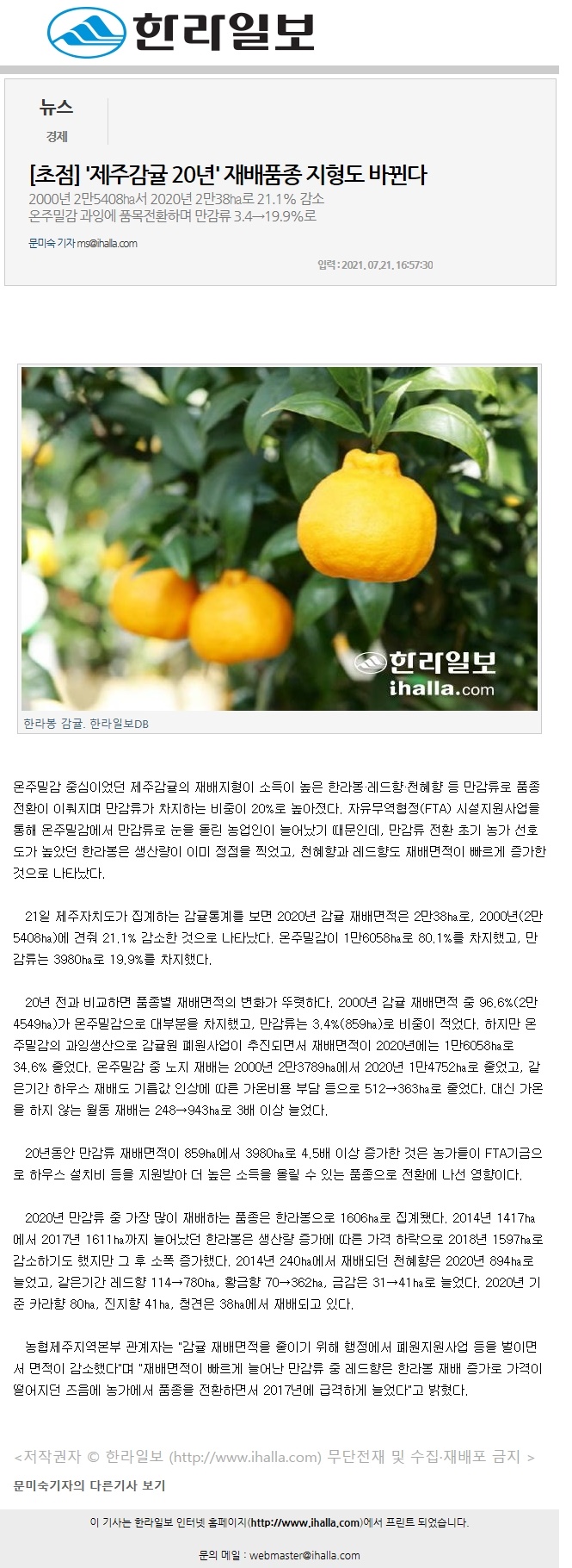 '제주감귤20년' 재배품종 지형도 바뀐다