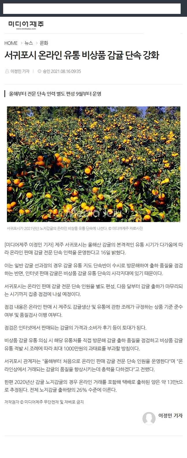 서귀포시 온라인 유통 비상품 감귤 단속 강화
