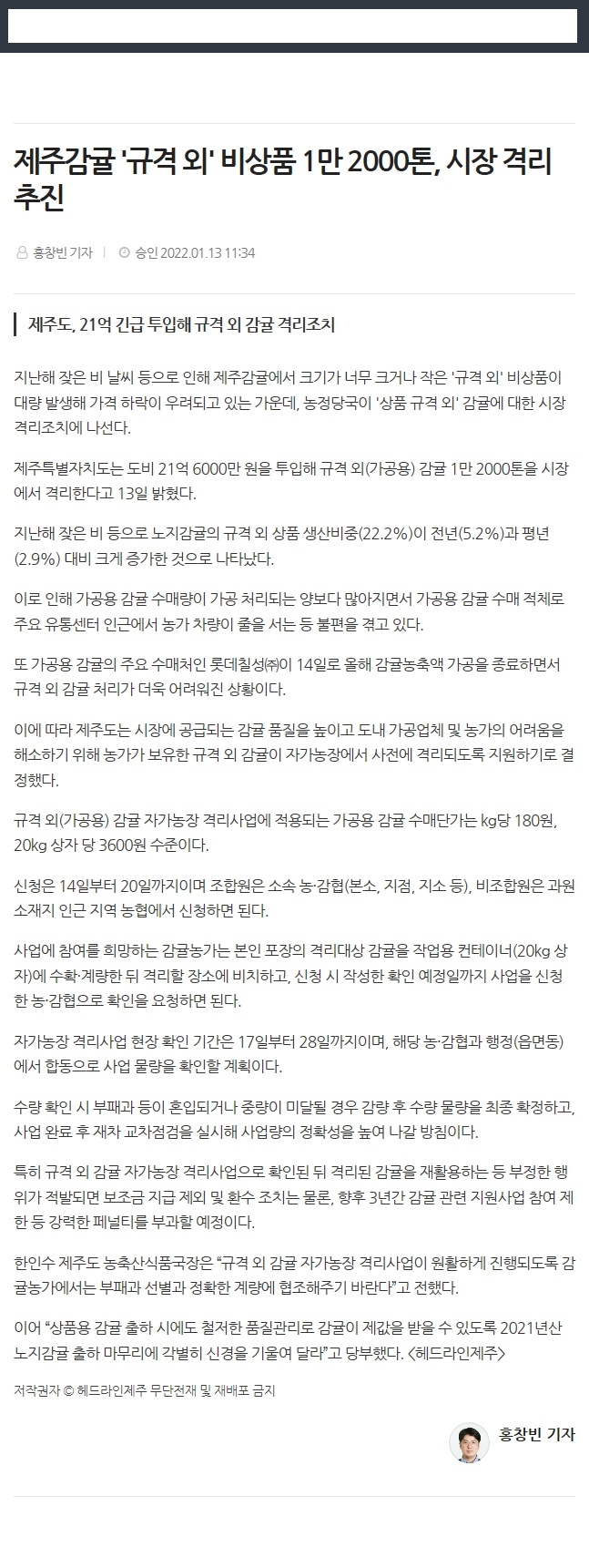 제주감귤 '규격 외' 비상품 1만 2000톤, 시장 격리 추진
