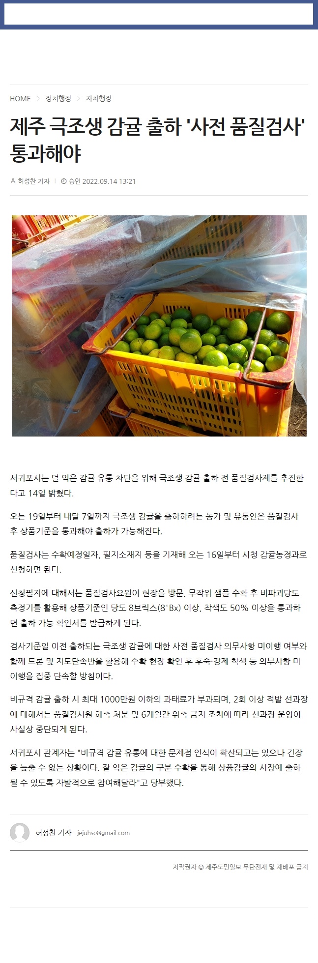 제주 극조생 감귤 출하 '사전 품질검사' 통과해야