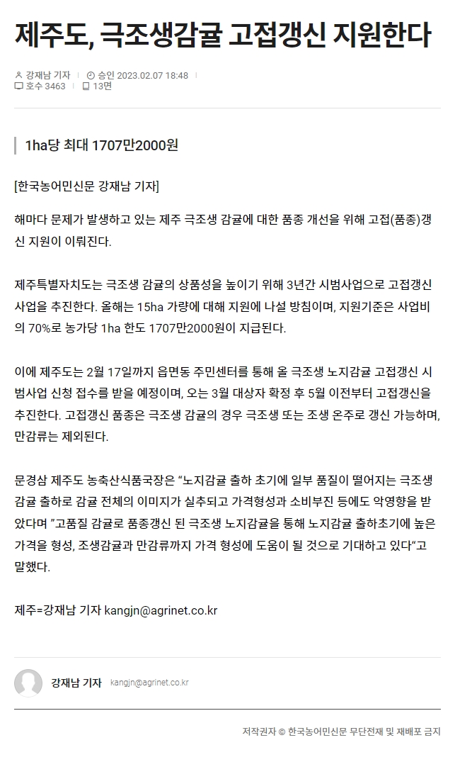 제주도, 극조생감귤 고접갱신 지원한다