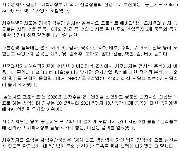 제주넙치·감귤 '골든시드 프로젝트' 포함