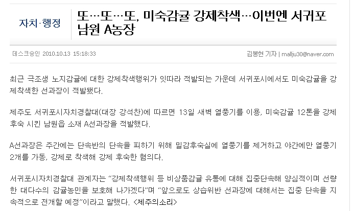 또…또…또, 미숙감귤 강제착색…이번엔 서귀포 남원 A농장