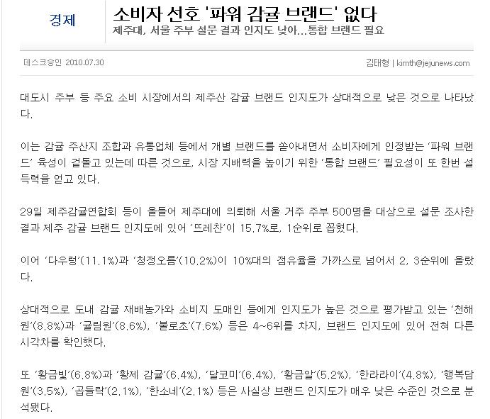 소비자 선호 '파워 감귤 브랜드' 없다