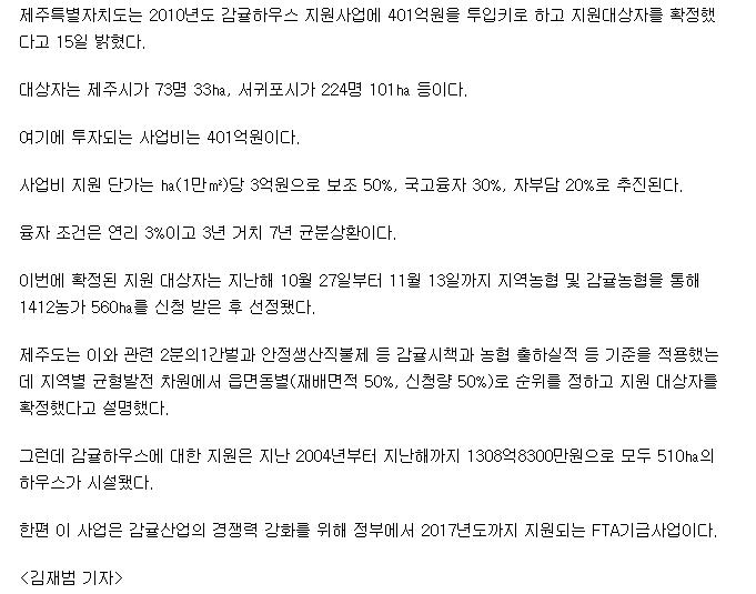 道, 감귤하우스 401억 지원 대상자 확정