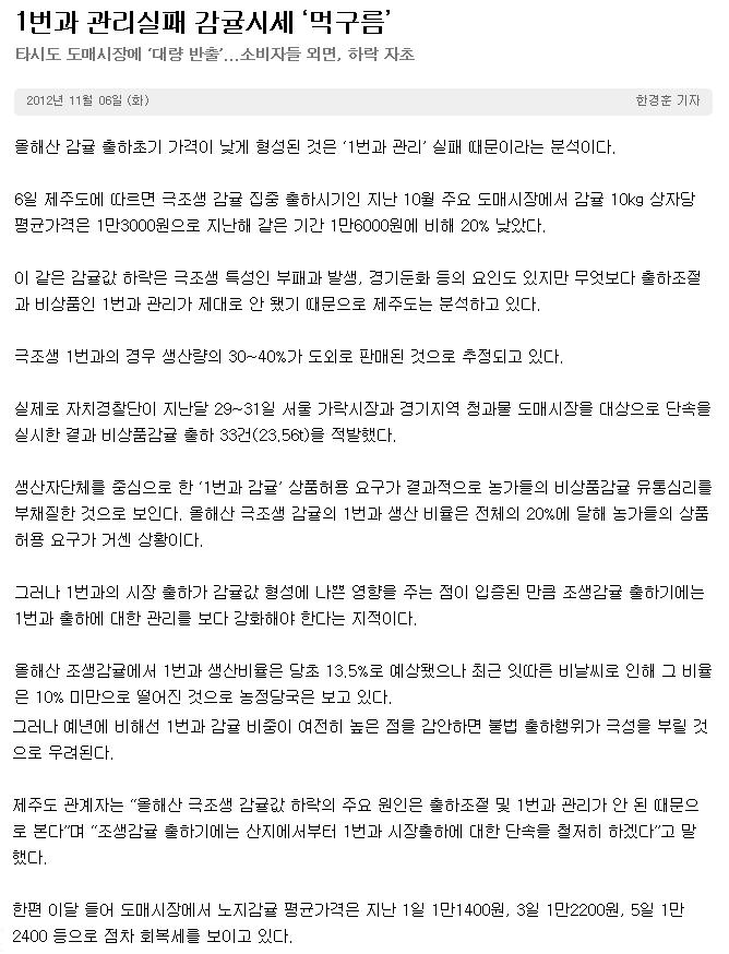 1번과 관리실패 감귤시세'먹구름'