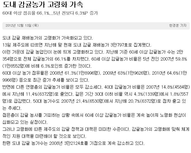 도내 감귤농가 고령화 가속