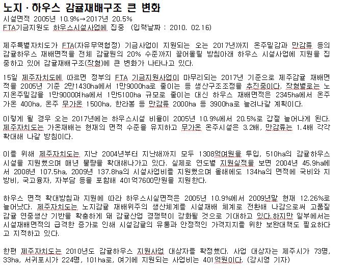 노지·하우스 감귤재배구조 큰 변화