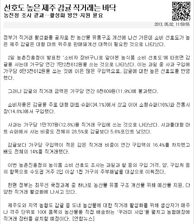 선호도 높은 제주 감귤 직거래는 바닥