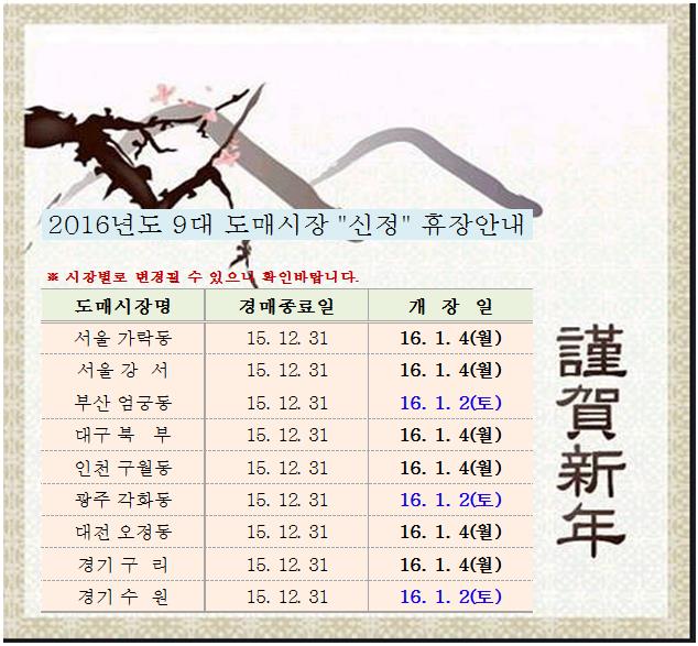 <font color=blue>[알림]2016년 9대도매시장 "신정"휴장 안내