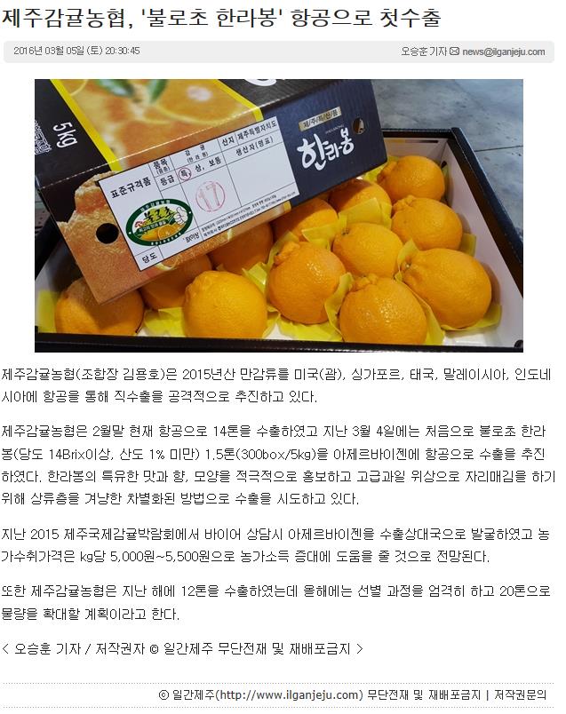 제주감귤농협, "불로초 한라봉" 항공으로 첫 수출