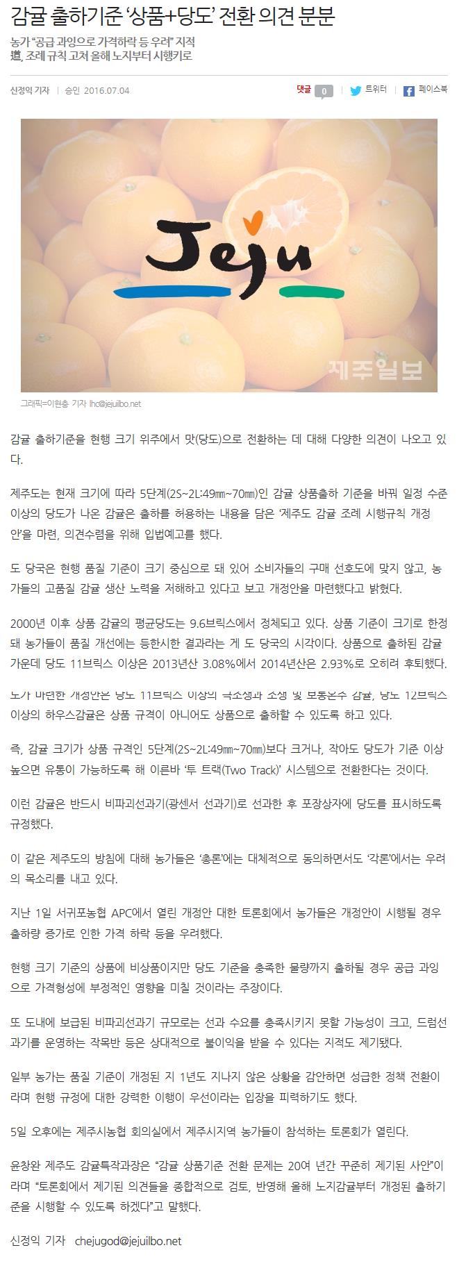감귤 출하기준 '상품+당도"전환의견분분