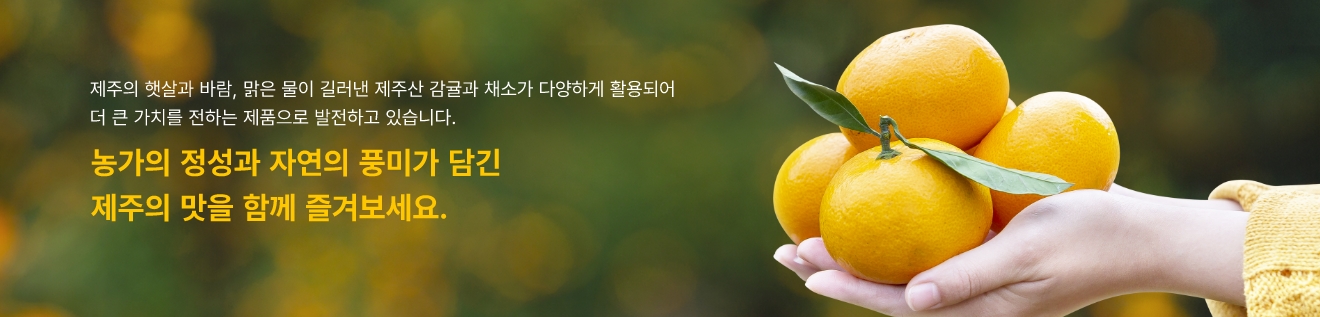 제주의 햇살과 바람, 맑은 물이 길러낸 제주산 감귤과 채소가 다양하게 활용되어 더 큰 가치를 전하는 제품으로 발전하고 있습니다. 농가의 정성과 자연의 풍미가 담긴 제주의 맛을 함께 즐겨보세요.